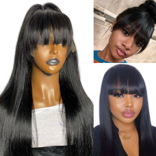 Silky Straight With Bangs Wigs 24 inches 150% Density Transparent 13x4 Lace Front Human Hair Wigs For Women